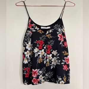 Lush black floral button tank (faux silk, XS)